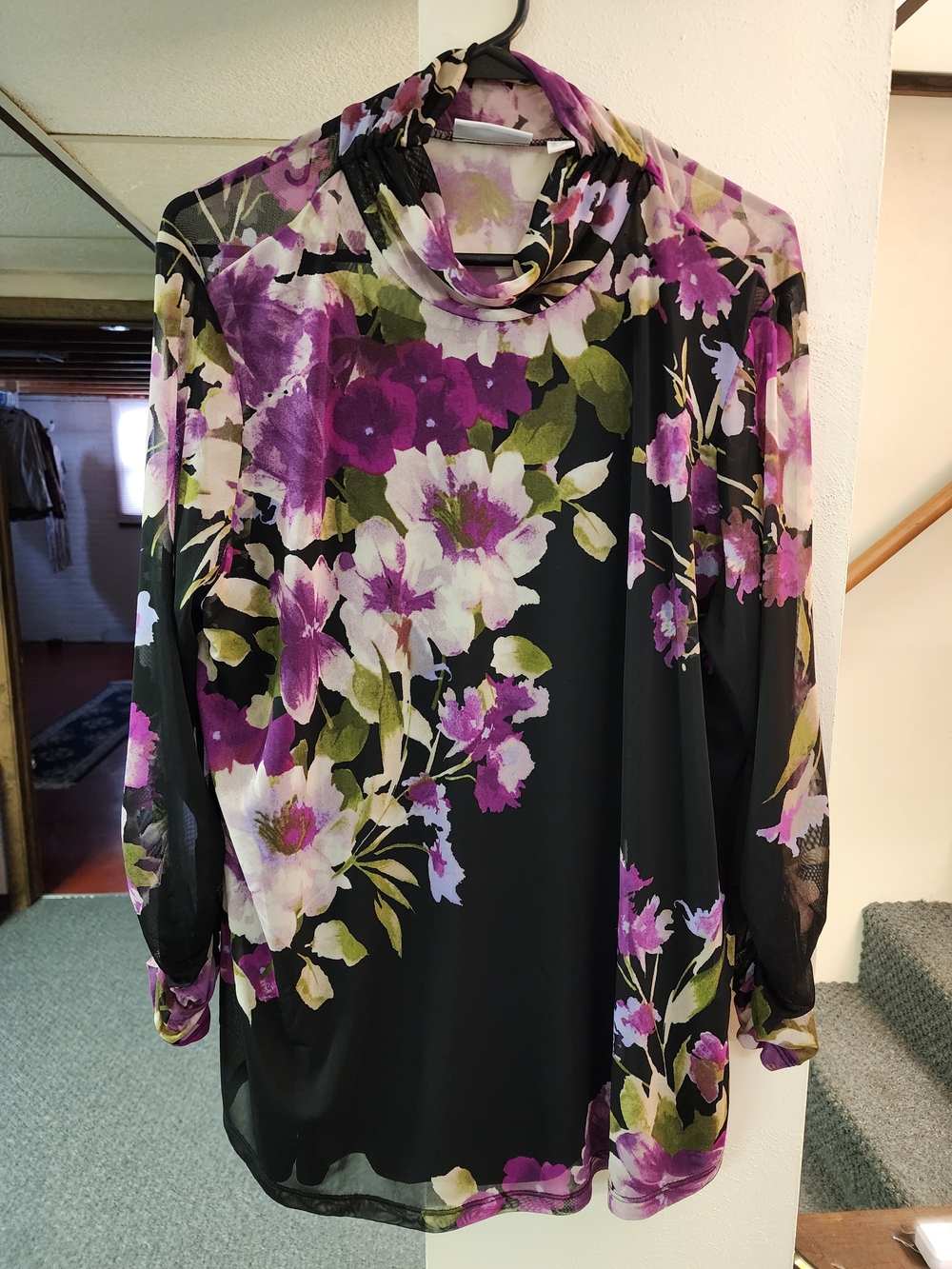 Susan Graver 1x Black Sheer Blouse with Purple & White Floral Print